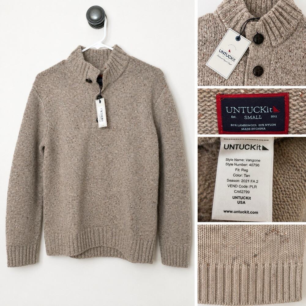 New UNTUCKit Vangone Sweater Men’s Small Tan Lambswool Blend Mock Neck Button